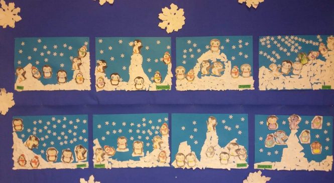 Zimowe pejzaże w wykonaniu dzieci z gr. "Pszczółki"